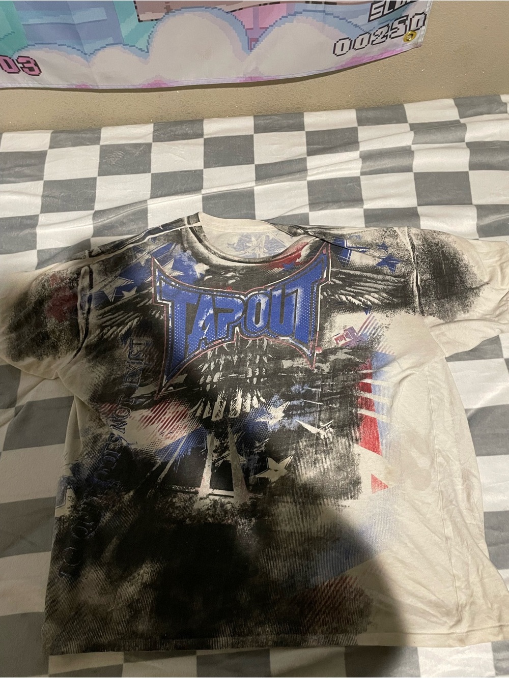 Tapout White Tee with Black, Blue & Red Graphic